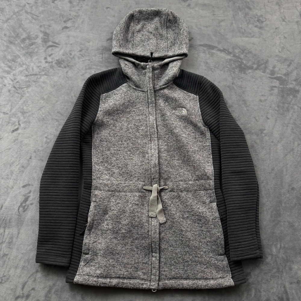 The North Face Womens Grey Marl Hybrid Ribbed Full Zip Hooded Jacket Size Medium